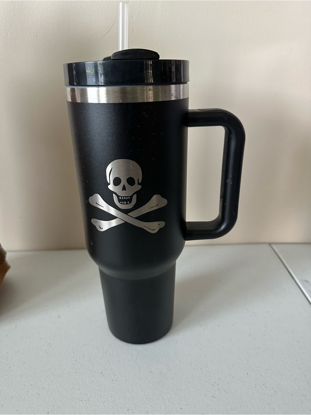 Disney Parks Black Skull & Crossbones Travel Mug with Handle NWT